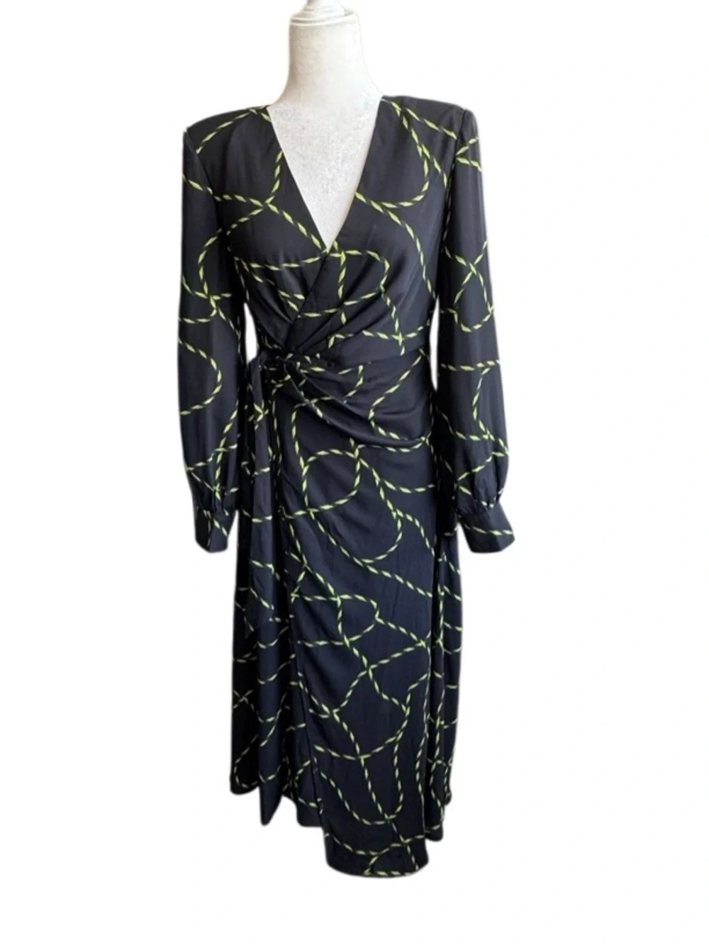 Urban Revivo Womens Black Chain Print Midi Dress Wrap Ruched Long Sleeves S NEW